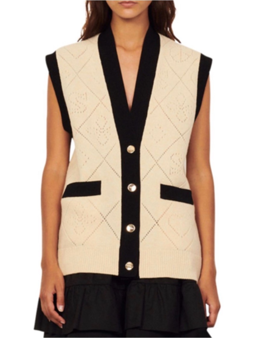 Sandro Cream Knit Button Vest with Black Trim